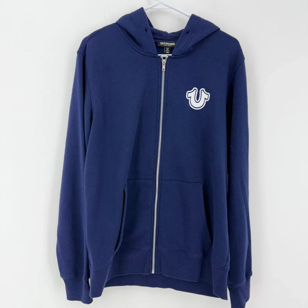 True Religion Zip Hoodie Men XL Navy Blue Good Buddha Graphic Horseshoe Logo New